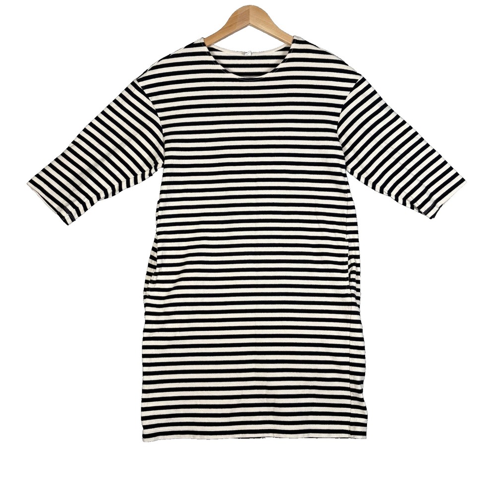 UNIQLO Striped Dress Size M Black & Cream 3/4 Sleeves with Pockets Nautical Prep